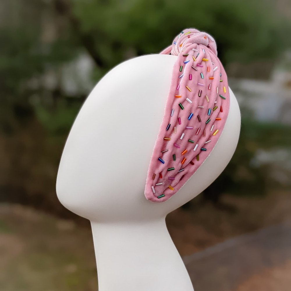 Pink Velvet Knot Headband with Sprinkles Rainbow Confetti Beading - Picture 11 of 11